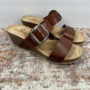 Yokono Sandals Womens 9.5 Brown Leather Wedge Wide Straps Big Buckle Slip On